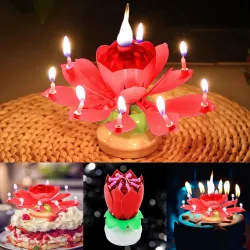Lotus formade roterande födelsedagsljus med 8 små ljus & Happy Birthday sång