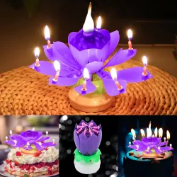 Lotus formade roterande födelsedagsljus med 8 små ljus & Happy Birthday sång