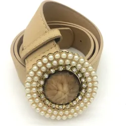 Luxury vintage nahka vyö kristalli & helmiä pyöreä buckle
