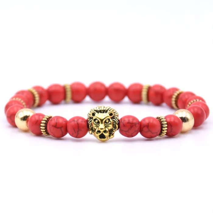 Bracelet tête de lion avec perles de pierre naturelle