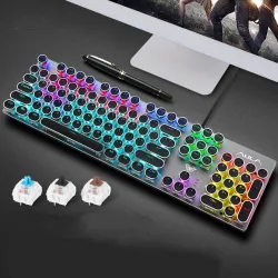 Steampunk - spel mekaniskt tangentbord - metallpanel - rund retro keycap - bakgrundsbelyst trådbunden tangentbord