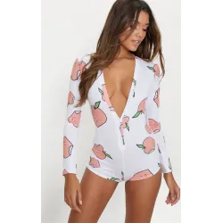Sexy deep v-neck jumpsuit - long sleeve printed bodysuit with buttons