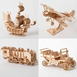 Navio de vela - biplano - locomotiva a vapor - carro - quebra-cabeça de madeira 3D - kit de montagem - corte a laser