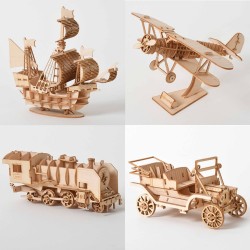 Navire de voile - biplane - vapeur locomotive - voiture - puzzle en bois 3D - kit de montage - découpe laser