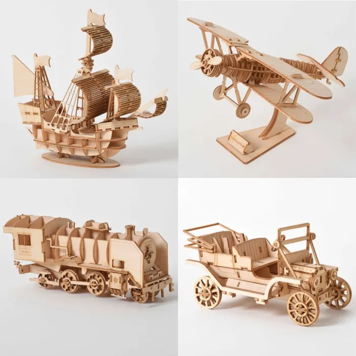 Nave a vela - biplano - locomotiva a vapore - auto - puzzle in legno 3D - kit di montaggio - taglio laser