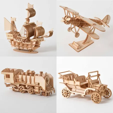 ConstrucciónNave de vela - biplano - locomotora de vapor - coche - 3D rompecabezas de madera - kit de montaje - corte láser