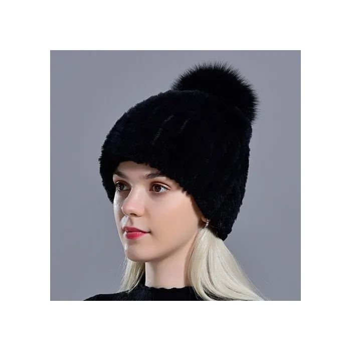 Knitted rabbit fur hat with pompom
