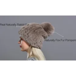Knitted rabbit fur hat with pompom