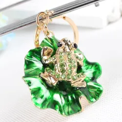 Frog & folha de lótus verde - chaveiro de cristal