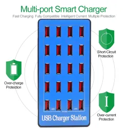Multi USB laturi - 20 porttia - 20A / 100W - LED - Quick-Charge