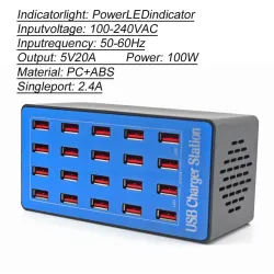 Multi USB laturi - 20 porttia - 20A / 100W - LED - Quick-Charge