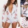 Sexy deep v-neck jumpsuit - long sleeve printed bodysuit with buttons