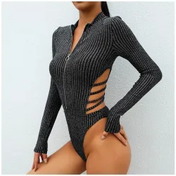 Fato de corpo sexy sem costas com decote e zíper