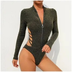 Sexig backless bodysuit med turtleneck och zipper