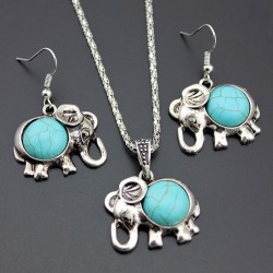 antique silver color jewelry set - elephant pendant blue beads necklaces - drop earrings statement charm for women choker