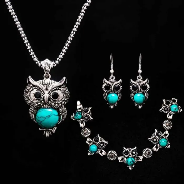 conjunto de colar de pedra - pulseira de coruja e brincos - jóias colar - pingente de cadeia longa colar-em pingentes colares