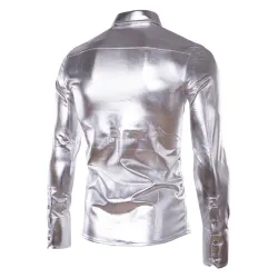 purple coated metallic night club wear shirt - men long sleeve button down mens dress shirt shiny elastic chemise hommeT-shirts