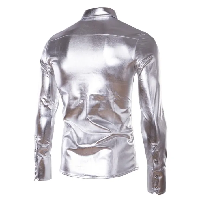 purple coated metallic night club wear shirt - men long sleeve button down mens dress shirt shiny elastic chemise hommeT-shirts