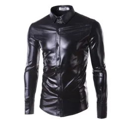 purple coated metallic night club wear shirt - men long sleeve button down mens dress shirt shiny elastic chemise homme