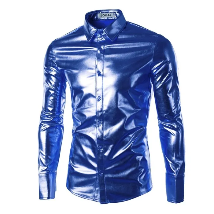 Purple Coated Metallic Night Club Wear Shirt Men Long Sleeve Halloween Button Down Mens Dress ShirtT-Shirts