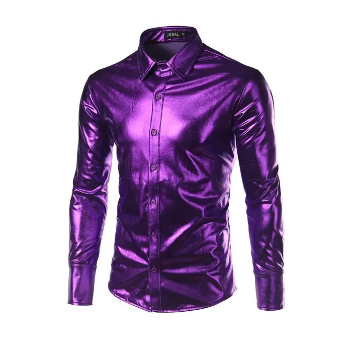lila belagd metallisk nattklubb bär skjorta - män lång ärmknapp ner män klänning skjorta glänsande elastisk chemise homme