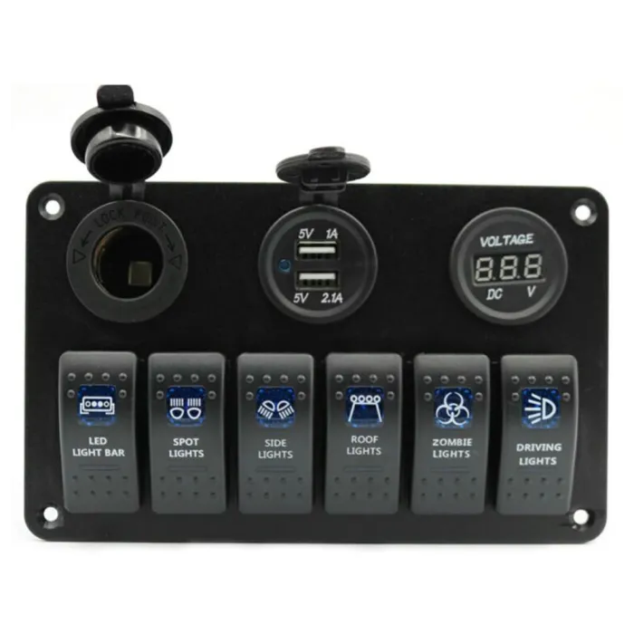 6 Gang 12V painel de interruptor - 5V Dual USB - voltímetro digital