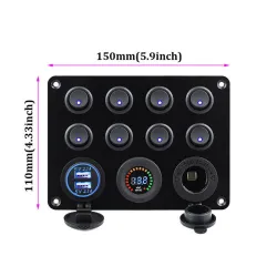 8 8 8 8 8 8 8 8 Gang toggle switch panel - 12V - 24V - Dual USB - digital voltmeter - vattentät