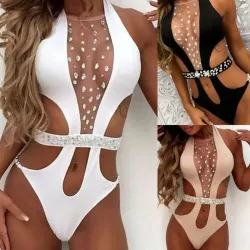 Costume da bagno sexy monopezzo - con rete frontale e cristalli - monokini