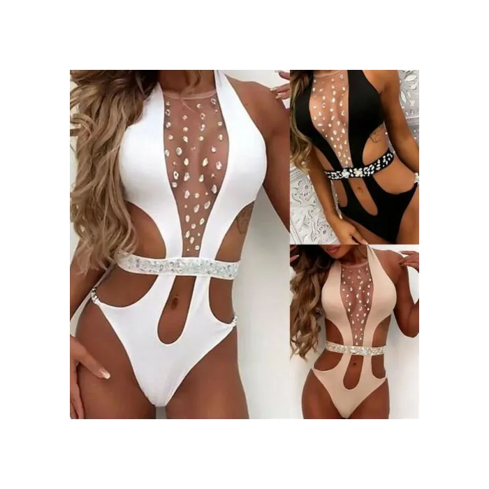 Baño y ropatraje de baño sexy de una pieza - con cristales de malla frontal - monokini