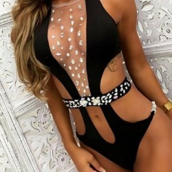 Sexy jednoczęściowy strój kąpielowy - z przednią siatką i kryształkamiStroje Kąpielowe