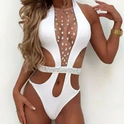 Baño y ropatraje de baño sexy de una pieza - con cristales de malla frontal - monokini