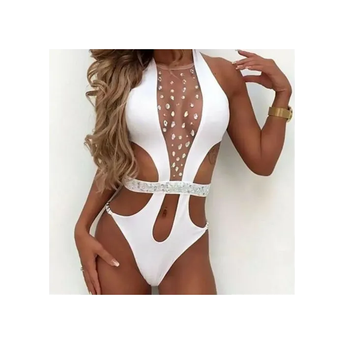 Baño y ropatraje de baño sexy de una pieza - con cristales de malla frontal - monokini