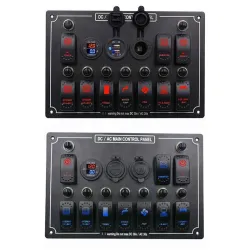 Rocker switch panel - 12V - 10 gäng - LED - cigarettändare - vattentät för bil - båt - lastbil