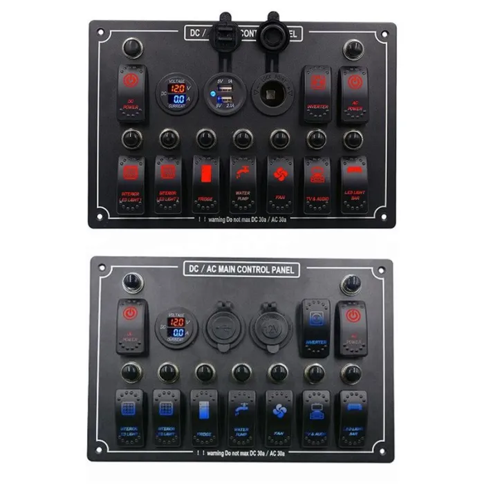 Rocker switch panel - 12V - 10 gäng - LED - cigarettändare - vattentät för bil - båt - lastbil