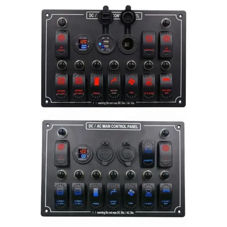 Rocker switch panel - 12V - 10 gäng - LED - cigarettändare - vattentät för bil - båt - lastbil
