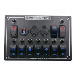 Rocker switch panel - 12V - 10 gäng - LED - cigarettändare - vattentät för bil - båt - lastbil