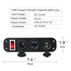 Toggle switch panel - 5V - 4.2A - dubbel USB - 12V - LED - Voltmeter för bilar - båtar - lastbilar