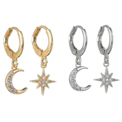 AretesLuna de cristal & estrella - oro & pendientes de plata