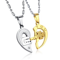 Ich liebe Sie - Vierblatt Schlüssel & Herz - Edelstahl Halskette 2 Stück