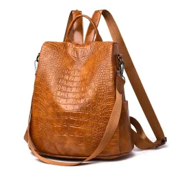 Casual läderpåse - krokodil huddesign - brun / svart - ryggsäck