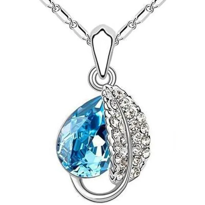 Leaf & crystal pendant - stainless steel necklace