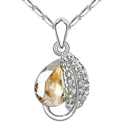 Leaf & crystal pendant - stainless steel necklace