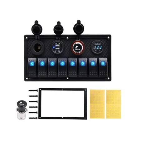Pannello interruttore a dondolo 8-gang - 12 - 24V - USB - LED - presa accendisigari - impermeabile