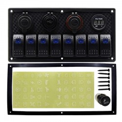 8-gang rocker switch panel - 12 - 24V - USB - LED - cigarette lighter socket - waterproof