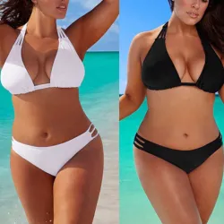 Alhainen vyötärö kaksi osaa uimapuku - plus size - musta - valkoinen