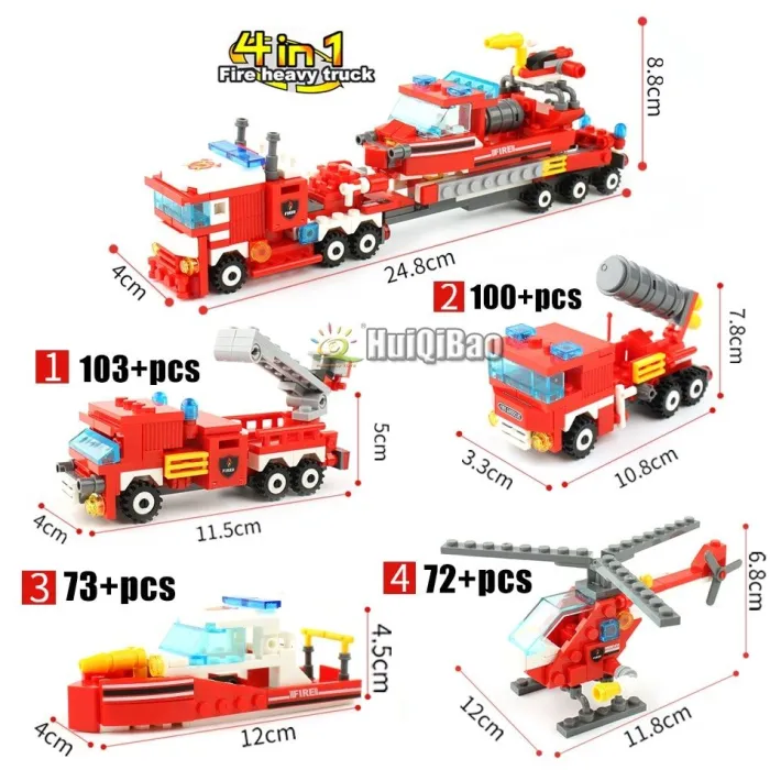 Brand Lastbil - Bil - Helikopter - Båt - 4 i 1 byggblock Set - 348pcs - Barn - Leksaker
