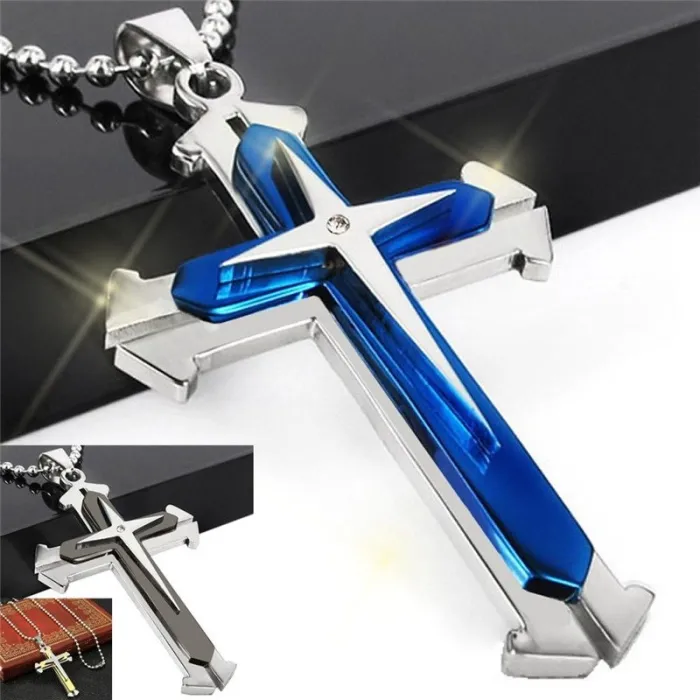 Cross pendant - 3D - 3 väriä - metalliketju