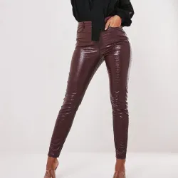 InstaHot Black High Waist Pencil Faux Leather Pants Women Casual Elegant Carving Print Ankle Length