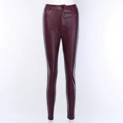 InstaHot Black High Waist Pencil Faux Leather Pants Women Casual Elegant Carving Print Ankle Length