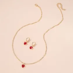 Collana d'oro e orecchini set con cuore rosso